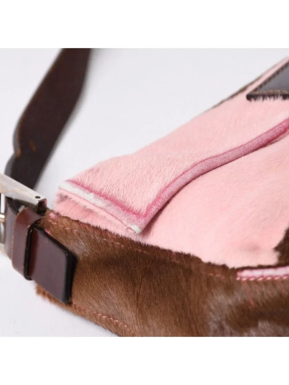 Fendi Mamma Baguette Calf Hair Leather Shoulder Bag Pink Brown Silver
